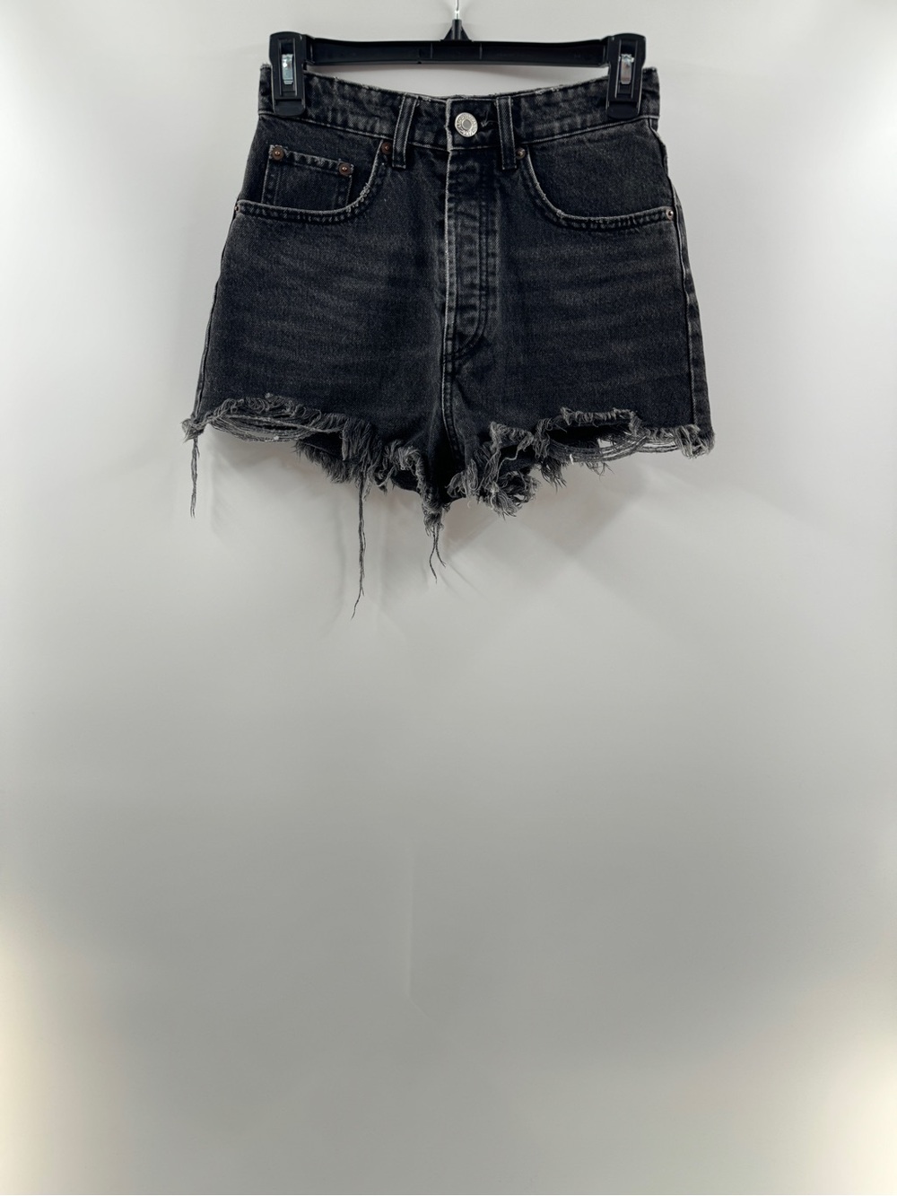Zara Washed Black High Rise Distressed Denim Shorts Women's Size 2 Button Fly